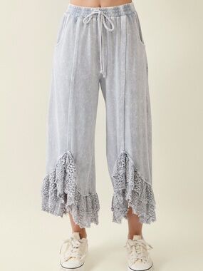 J.Her Mineral Wash Light Blue Crochet-Trim Wide Leg Pants size Medium